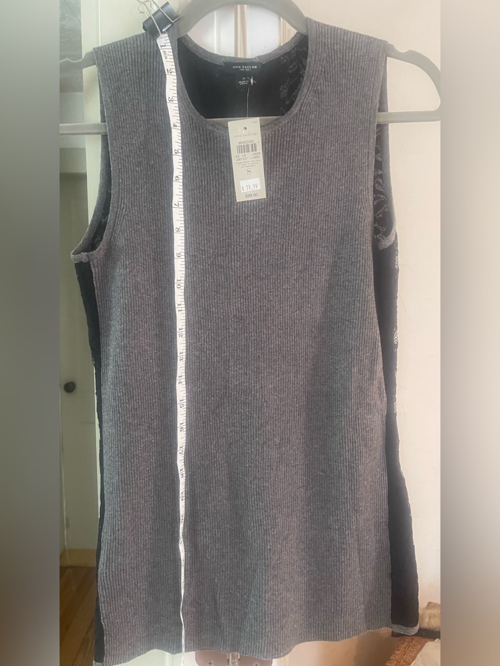 Ann Taylor soft gray knit front/black lace back Sleeveless Tunic size S